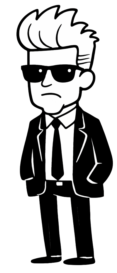 A black and white line drawing of a suited weather character.